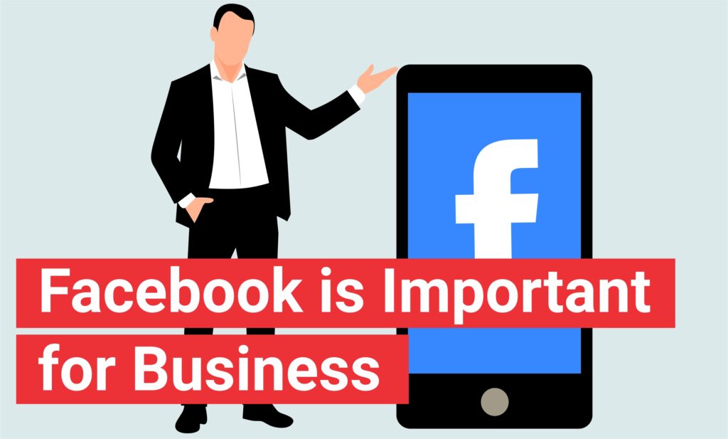 Businessman presenting the importance of Facebook for business, standing next to a large smartphone displaying the Facebook logo.